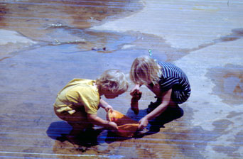 Dominik (links, 2 Jahre) und Annika (5 Jahre) fangen „Kaulwacken“ in Mamas Strohhut